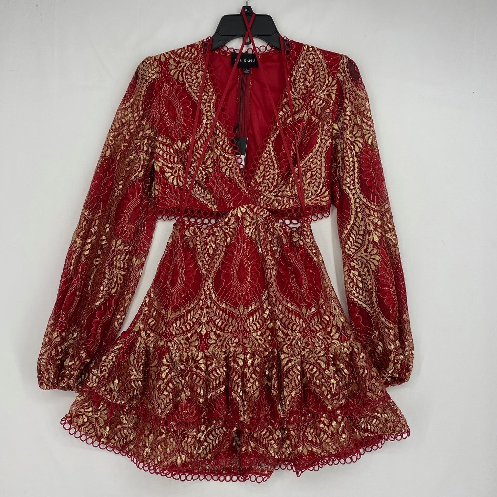 The Sang Womens Size Medium Dress Red Gold Paisley Lace Open Waist Long Sleeves